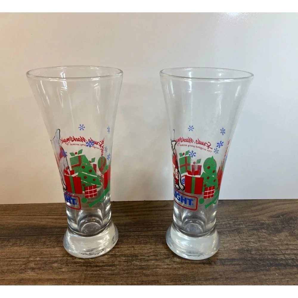 Vintage Lot of 2 Bud Light Spuds MacKenzie Christmas Beer Drinking Glass 1987